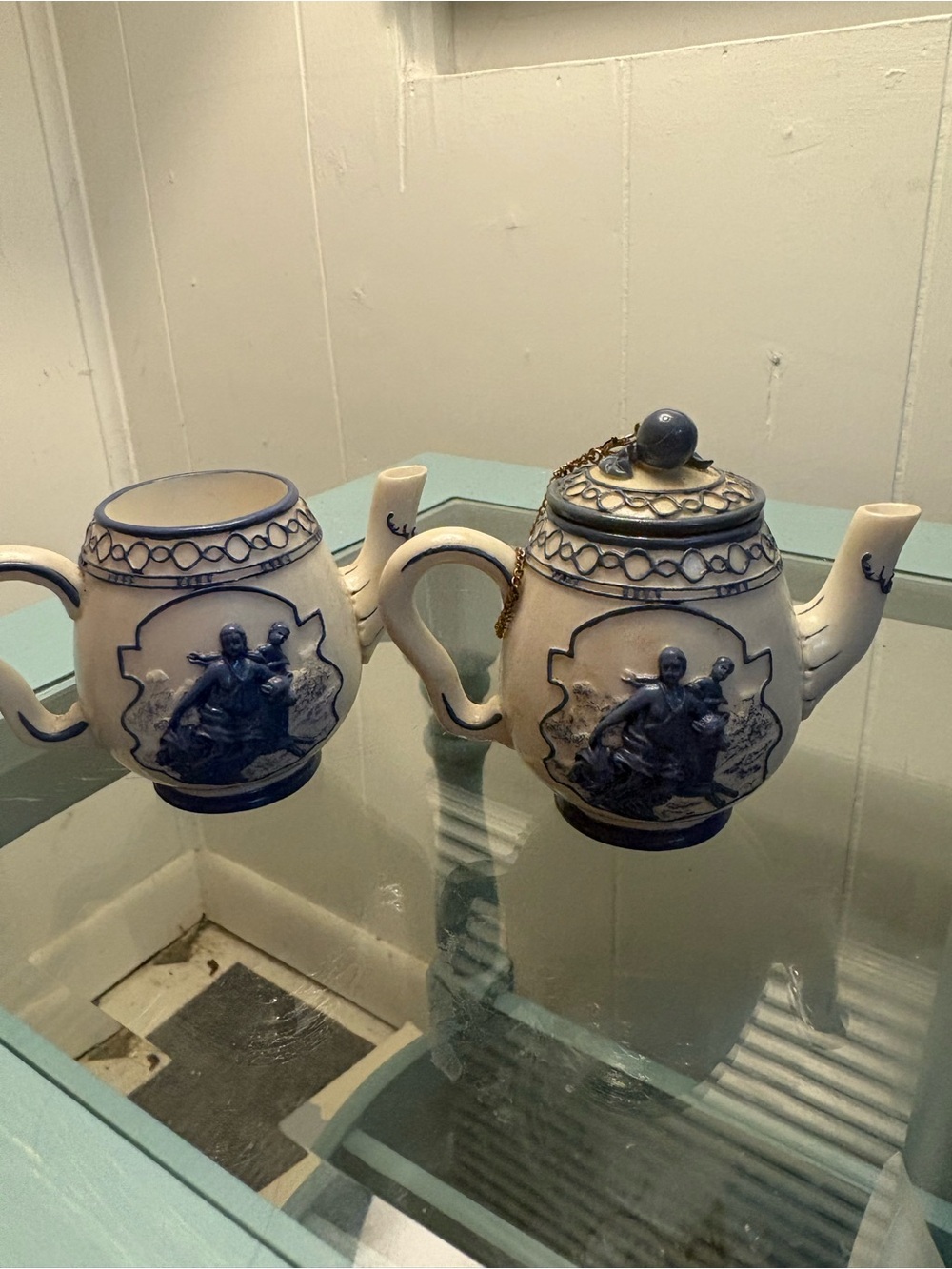 Blue and White Ceramic Teapot Set with Figurative Relief - Classic Home Accent